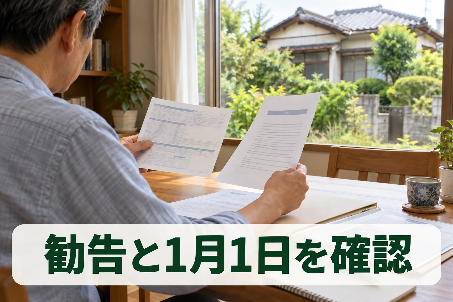 空き家の固定資産税について、勧告と1月1日を確認するため書類を見比べる住人。