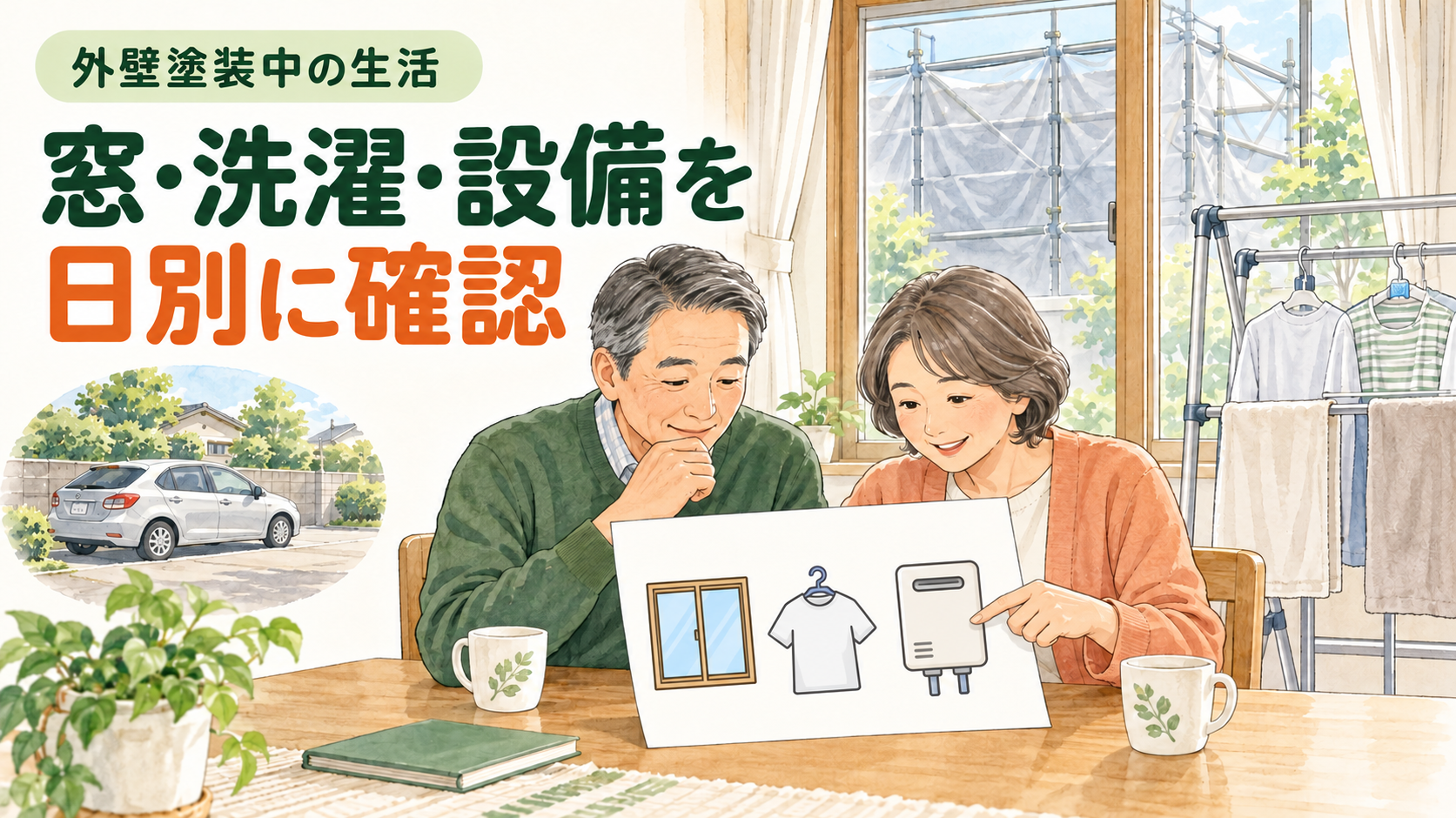 外壁塗装の工事中の生活に備え、夫婦が窓、洗濯、設備を日別に確認する図。室内干しと車の移動も描く。