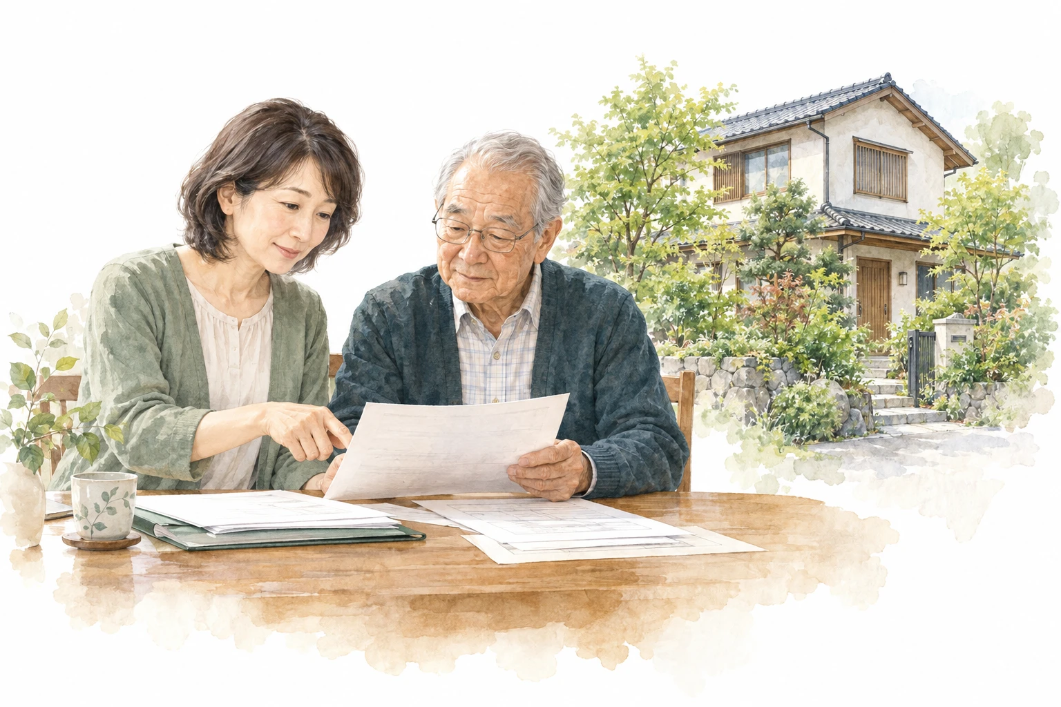 持ち家と実家の書類を親子で確かめる様子