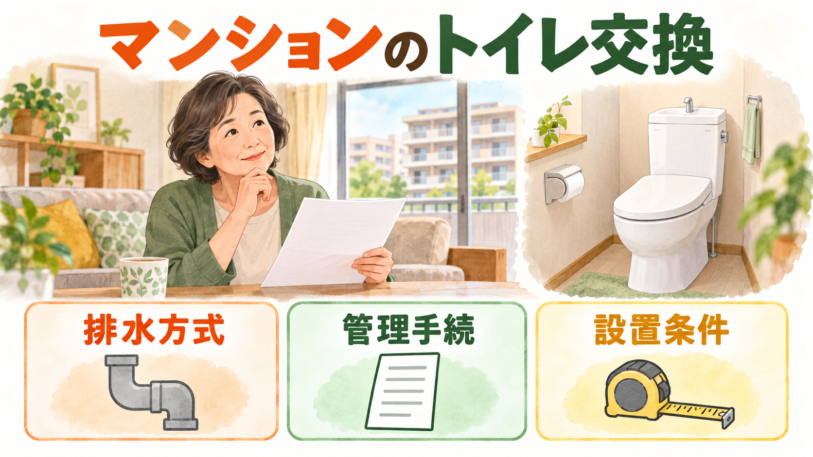 マンションのトイレリフォームで、排水方式、管理手続、設置条件を確認する住人と三つのカード。