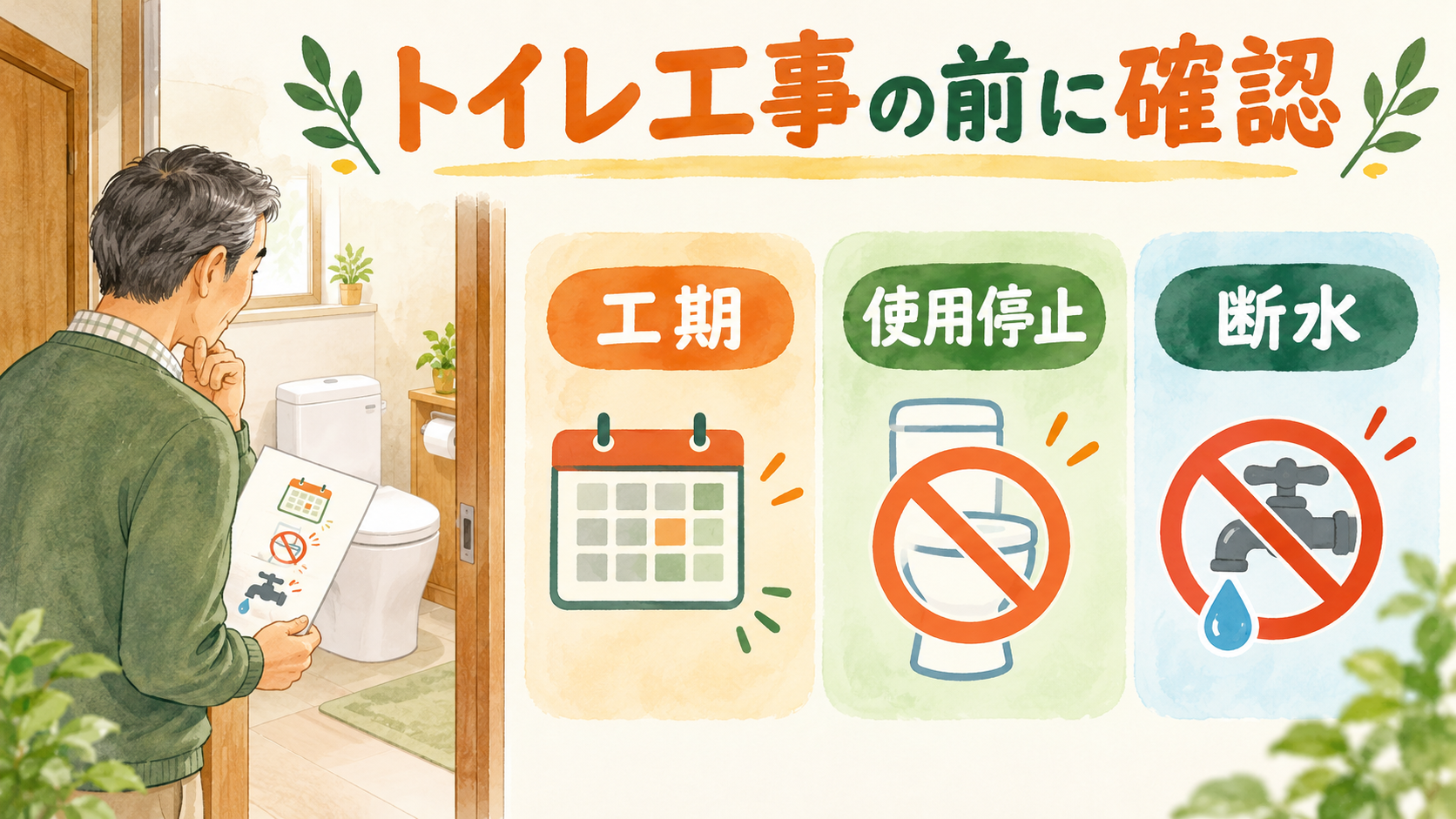 トイレリフォームの工事時間と、便器の使用停止、家全体の断水を、三つのカードに分けて確認する図。